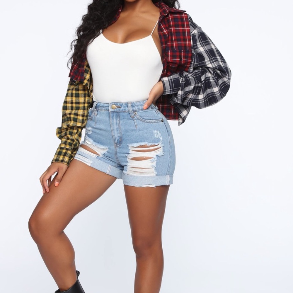 High Rise Distressed Denim Shorts Light Wash